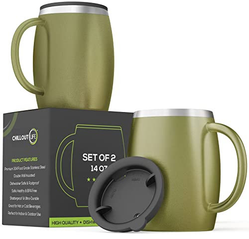 Stainless Steel Insulated Coffee Mugs Set of 2 (14oz) – Double Wall Coffee Cups With Spill Resistant Lid & Strong Handle, Shatterproof Cups for Cold Drinks, Hot Beverages, Indoor & Outdoor Use