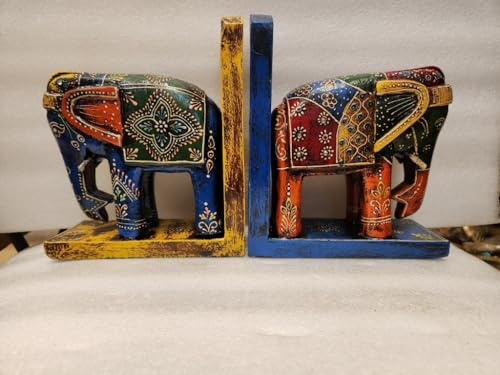 Große 22,9 cm große Buchstützen aus Holz, Mangoholz, Elefantenschnitzbuchstützen, Bürodekoration, Arbeitszimmer-Dekor, Tierstatue, handgefertigtes Produkt