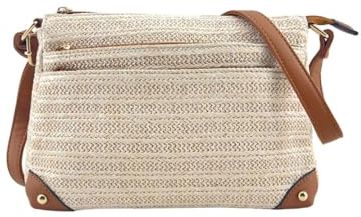 MODELISA - Bolso Bandolera Rafia Multicompartimentos Estilo Casual Playa Mujer (Beige)