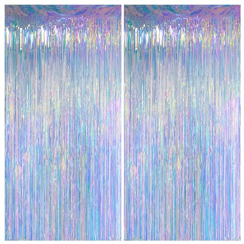 Melsan Iridescent Party Decorations Backdrop - Holographic Tinsel Foil Fringe Curtain for Frozen Mermaid Ocean Princess Birthday Parties Decor - 2 Packs,3.2 x 6.56 ft