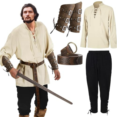 Costume rinascimentale da uomo, 5 pezzi, Viking, maniche lunghe, pantaloni con cinturino alla caviglia, cinturino in pelle PU, fascia per bracciale, cintura vichinga
