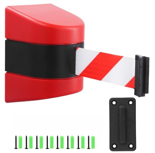 QWORK® Barrière retractable 10 m avec support mural - rouge/blanc - fonction de verrouillage - pour le contrôle des foules lors d'événements