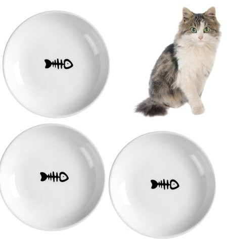 3PCS 5.9 inch Ceramic Cat Bowls,Wide Shallow Cat Dishes,Whisker-Friendly Cat Plates,Cat Food and Water Bowl for Indoor Cats,Dishwasher Safe (3 Dishes)