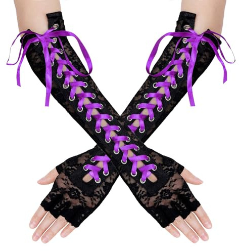 NiceYnn Fingerlose lange Handschuhe zum Schnüren, 1920er-Jahre, Ellenbogen-Handschuhe, Armwärmer, Spitze, Satinbänder, Gothic, Rock, Punk, Handschuhe, für Steampunk-Kostüm, Teeparty, Hochzeit,