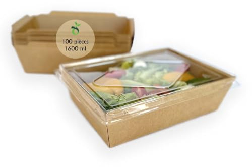 ECOPICNIC Lot de 100 Lunchbox en Kraft 1600 ML avec Couvercle | Boîtes Alimentaires jetables en Carton Kraft pour Repas à emporter, barquettes écologiques avec Couvercle pour salades, gâteaux