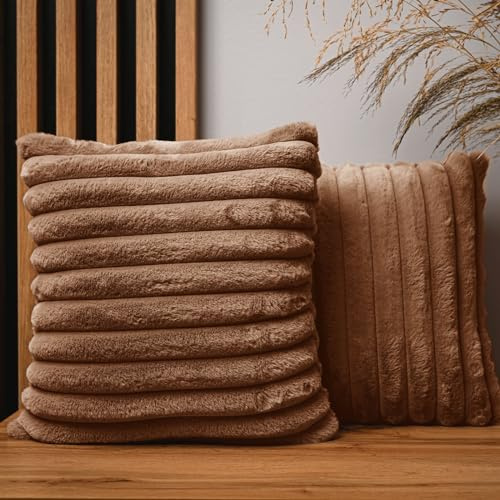 MG Design 2er Set Kissenbezüge 40 x 40 cm in Braun – mit Reißverschluss, langflorige Fell-Haptik, weich & Cosy, pflegeleicht