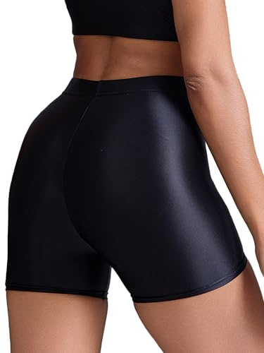 Maeau Korta byxor, dam, olja, glans, hotpants, elastiska sportshorts, hög midja, glansig shorts, korta, glänsande yogabyxor, olja, glänsande tights, shorts för yoga, löpning, fitness, S, M, L, svart,