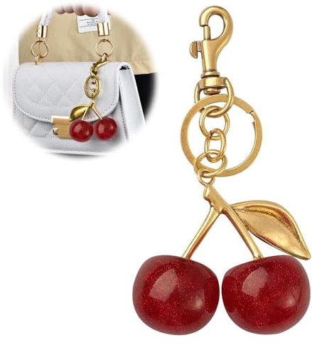 JRJRN Kristall Kirsche Schlüsselanhänger - Stilvoller Kirsch-Schlüsselanhänger, Kirsch Taschenanhänger, Süßer Kirsch-Anhänger, Schimmernder Glitzernder Kirsch Anhänger für Geldbörsen (Kirsche Rot)