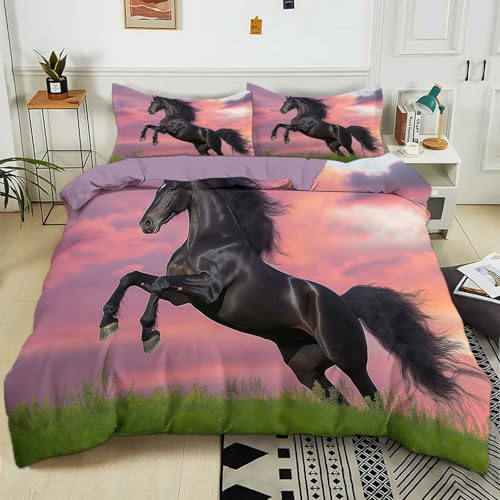 Set Housse de Couette 140x200 cm Cheval Frison Noir Polycoton Parure de Linge de Lit avec Fermeture Éclair, Housse de Couette Parure de lit 1/2 Personnes avec Taies d'Oreillers