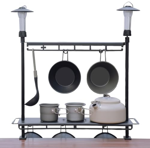 Estantería de mesa plegable para camping, estantería de mesa de camping, soporte para linterna, estante de vajilla de doble capa con capa de almacenamiento, soporte portátil para linterna, soporte de