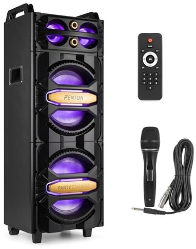 Fenton LIVE2102 Altoparlante Bluetooth Portatile Altoparlante Karaoke, Sistema Karaoke con Microfono e Telecomando Incluso, Lettore MP3 e Illuminazione LED, Scheda SD, USB - Nero
