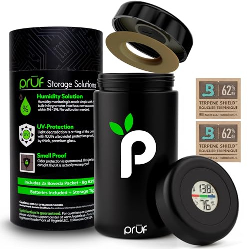 Prūf Jar with Built-In Humidity & Temperature Monitor (Hygrometer) – Airtight 500ml UV-Proof Glass Storage Jar with Silicone Seal – Humidity Control – Includes 2 Boveda 62% (8g) Packs – by Hygenix
