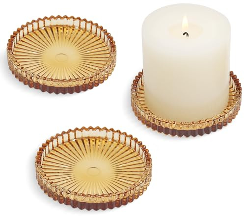 HofferRuffer 3 Pack 10cm Glass Candle Plates,Round Candle Holders for Pillar Candles Tealight Candlestick Holders,Amber