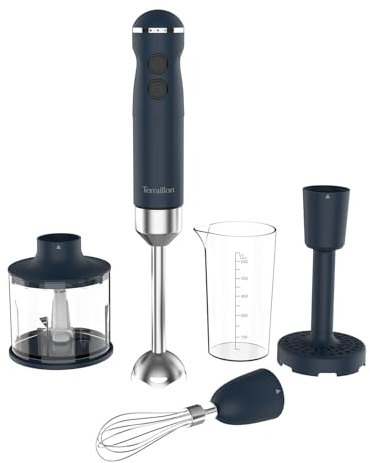 TERRAILLON - NEW MOON- Mixeur plongeant Electrique, Lames Inox, Fonction Turbo, 1000W, VItesse variable, Gobelet doseur, fouet inox, Hachoir 600 ml, Presse purée, Corps Inox peint, Bleu