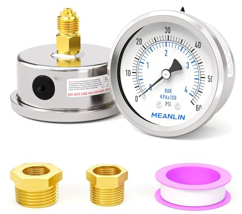 MEANLIN MEASURE 0~60Psi/0~4BAR Dry Pressure Gauge Stainless Steel 1/4 BSP 2 FACE DIAL Waterproof for Well Pump Water Tire Water Pressure Tester Back Mount, with 1/2 BSP and 3/8 BSP Hex Bushing