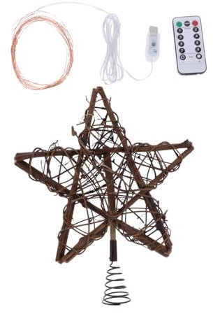 PRETYZOOM Natürliche Rattan Weihnachtsbaumspitze Mit Led-Lichterkette Und Federsockel Dekorativer Weihnachtsstern Für Weihnachtsbaumspitzen Warmes Party-dekolicht Für Zuhause Büro Und Laden