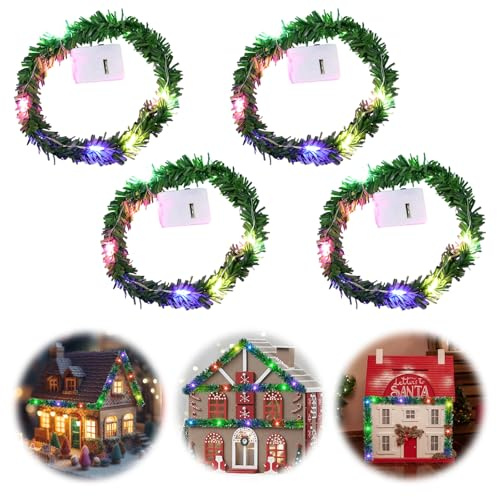 Lot de 4 mini guirlandes lumineuses LED pour maison de poupée, accessoires de lutin - Éclairage de Noël coloré - Guirlande lumineuse miniature pour Noël, maison de poupée, meubles
