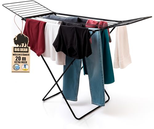 BigDean Wäscheständer 200 cm = 20m extra-hoch & Dicke XXL Leinen | für einfacheres Bügeln - XXL schwarz – Wäscheständer stabil X-Beine