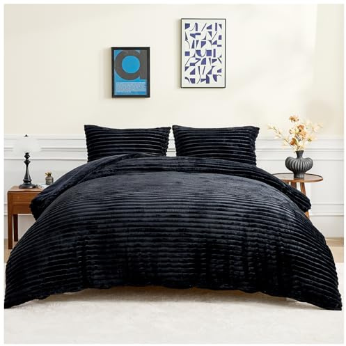 GC GAVENO CAVAILIA Ribbed Fleece Duvet Set With Pillow Cases | Thermal Warm Cozy Winter Bedding Double Duvet Cover Set 200x200 Cm | Hypoallergenic, Washable Polyester Quilt Cover Bed Sets, Black