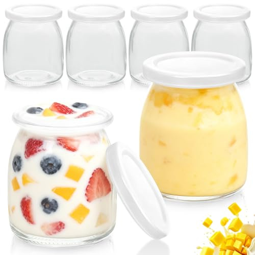 Lot de 6 Pot Yaourt en Verre Petit 200ML avec Couvercle Plastique, Bouteille Verre Mini Transparent Sans BPA, Pots Convient Lave Vaisselle, Congélateurs & Micro Ondes pour Confiture & Desserts