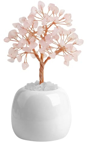 VLYX Pink Quartz Crystal Tree of Life - Handmade Rose Quartz Natural Gemstone Decor Sculpture for Desk Shelf Decor, Home Office Zen Accent Gift for Women