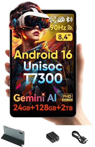 BNCF 8.4 Android 16 Tablet con Gemini AI, Unisoc T7300 Octa-Core 24(8+16) GB RAM 128GB ROM 2TB TF, FHD 90Hz Portátil BPad T1, Cámara 13MP 4G LTE & Wi-Fi 5 & BT5.4 & GPS 5500mAh con Funda Protectora