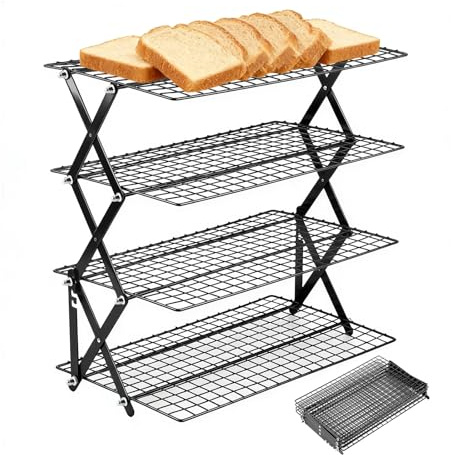 RMNKTHC Rejilla de Enfriamiento Plegable de 4 Niveles en Hierro Resistente al Calor – Estante Apilable con 3 Ajustes de Altura – Estante de Repostería para Pasteles, Galletas, de Repostería, Asados