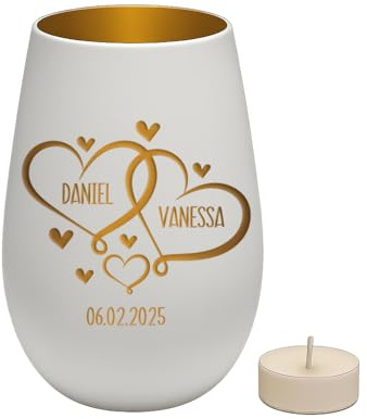 Windlicht mit Gravur – personalisierte Herzen mit Namen und Datum – Geschenk zum Jahrestag, Geburtstag oder Valentinstag - Weiß
