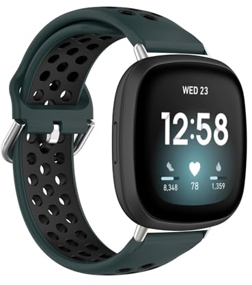 Koelaa Rem kompatibel med Fitbit Versa 3/Versa 4/Sense 2/Sense, mjukt silikon, sport, andningsbart, ersättningsarmband för kvinnor och män, justerbart fitnessarmband – olivgrön + svart