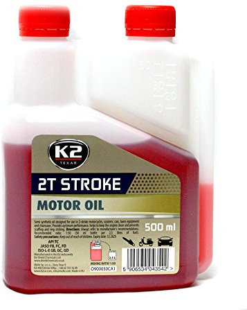 K2 Huile moteur 2T Semi synthétique Performance Moteur à deux temps Scooter tronçonneuse tondeuse à gazon Rouge 500 ml