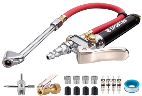 Spurtar 10-120 PSI Car Tyre Pressure Gauge Gun Tyre Inflator Air Tool with 4 Way Tool and Valve Cores Air Compressor Accessories for Car Truck Heavy Duty Vehicle