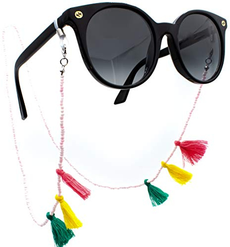 GERNEO® - Ibiza - Premium Brillenband & Brillenkordel Maskenhalter Unisex für Lesebrille & Sonnenbrille - 18 Karat Gold oder 925er Silber - Fähnchen in Grau- und Rottönen - extra lang