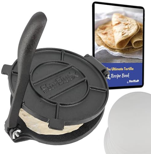 StarBlue - Prensa Para Tortillas En Hierro, 20 Cm De Diámetro, 100 Piezas De Papel Engrasado Y Libro Electrónico De Recetas, Ideal Para Hacer Chapatis, Tortillas Y Rotis Indios