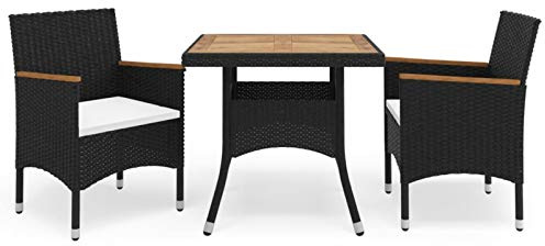 Tidyard 3-tlg. Garten Essgruppe Poly Rattan Sitzgruppe 2 Stühle Gartentisch Gartenmöbel Sitzgarnitur Set Gartengarnitur Gartenmöbel Schwarz Poly Rattan und Akazienholz