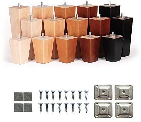 4''- 8'' Wooden Trapeze Tapered Furniture Replacement Legs M8 Thread Level Mounting Plates Protective Felt Pads Set Of 4 Legs For Sofa Cabinet Footstool Chair Bed [HOTEL] (8'' = 20 CM, Sand Oak)