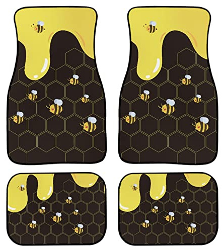 INSTANTARTS Cartoon Honey Bee Print Car Floor Mat Durable Fabric Heavy Duty Auto Floor Carpets 4pcs/Set Vehicle Floor Protector Mats for Front and Rear