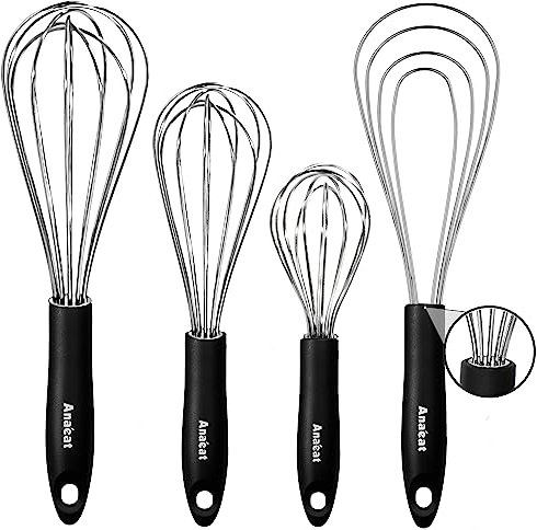 Anaeat Stainless Steel Kitchen Whisk Set of 4, Milk and Egg Beater Blender with Thick Wire for Whisking, Cooking, Baking, Beating and Stirring - 11'' Flat Whisk and 9''+11''+12'' Balloon Whisks