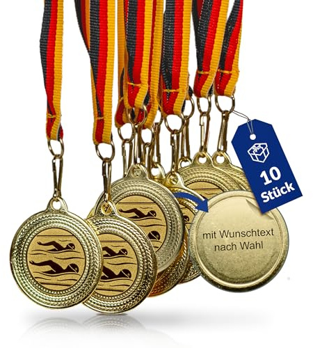 Schwimm-Medaillen, 10er-Set, Metall, Deutschlandband, mit Wunschtext | Golden zum Umhängen für Siegerehrungen, mit Emblem, für Vereine & Turniere