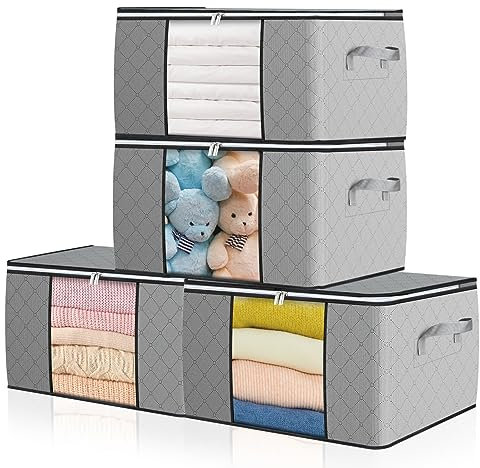 GoMaihe 4 pezzi 90L Scatole per Armadio Grande Capacità, Contenitori per Armadio Salvaspazio Pieghevole, con Manico rinforzato Organizer Armadio, Scatole Trasloco per Vestiti Trapunte, Biancheria