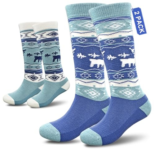 Socks Daze 2 Pack Merino Wool Funny Ski Socks for Kids Toddler Boy 5t-6t Knee High Winter Warm Thermal Socks for Snowboarding, Light Blue + Dark Blue, X-Small