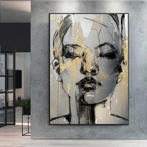 LSYALUCK Quadro su Tela Stampa su Tela Volto di Donne Schizzo Dipinti Donna in Nero e Oro Poster Moderno per Soggiorno Decorazione della Parete 80x120 cm (32x47 pollici) Senza Cornice