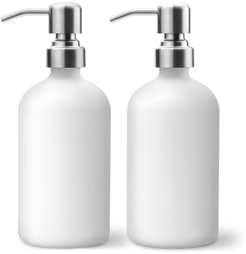 LavaPop Juego de dispensador de jabón (Paquete de 2, Blanco), Botellas de Vidrio con Bomba de Acero Inoxidable y Posavasos de Silicona Antideslizante, dispensadores de jabón líquido para Manos