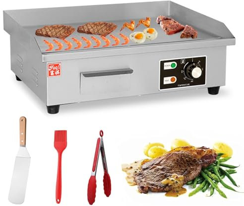 RUYICZB Plancha Cocina Eléctrica Profesional con Bandeja Aceite Extraíble, Temperatura 50-300 °C, Grill Electrico De Acero Inoxidable Lisa, Protector contra Salpicaduras,220V 3000W(EU)