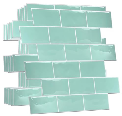 WALPLUS 3D Tile Stickers Peel and Stick Backsplash Splashback Decals Tile Transfer for Kitchen Bathroom Living Room Stick on Tile Waterproof Capri Sea Metro Subway 80 Sheets 15.4x30.5cm Green