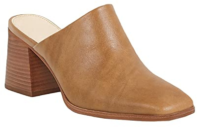 Trish Lucia Women's Chunky Heel Mules Closed Square Toe Heeled Slip on Clogs Casual Backless Loafers Shoes Light Brown