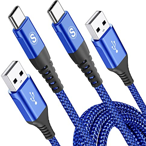 sweguard - Cavo USB C da 3,1 A, ricarica rapida, in nylon, per Samsung Galaxy S24, S23, S22, S21, S20 Plus/ Ultra/ FE, iPhone 15 Pro Max, Note 20, A72, A71, A52, A51, A50, M31, M30s, M20 (2 pezzi da 1