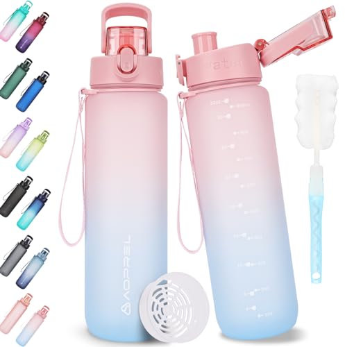 AOPREL Trinkflasche 1l, Trinkflasche Sport Tritan & BPA-Frei Wasserflasche Mit Filter und Bürste, Auslaufsicher Sportflasche Für Fitness, Wandern, Camping, Schule und Büro