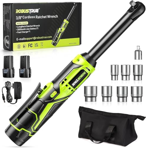 Robustrue 3/8 Cordless Ratchet Wrench, 6-inch Extended Ratchet Wrench, 40Ft-lbs 400RPM Cordless Ratchet, 2 Batteries Power Electric Ratchet Driver with Variable Speed, 7 Sockets, LED Light
