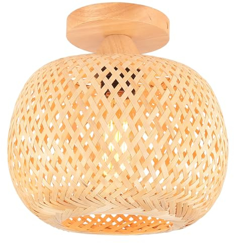 LIGKIN Deckenleuchte Bambus Weben Kronleuchter Rattan Boho Style Bambus Lampenschirm Vintage Deckenlampe Deko Deckenleuchte für Restaurant Wohnzimmer Küche, Ø25cm