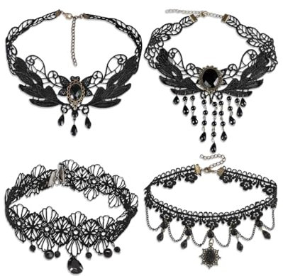 KGDUYC 4 Stück Gothic Halskette Set - Spitze Choker Halsband Damen Schwarz Kette Vintage Choker Lolita Kostüm Schmuck für Halloween für Karnevals Maskerade Party(Schwarz)